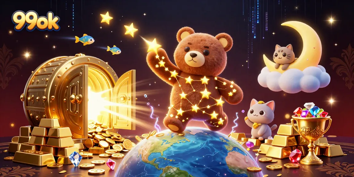 Experience the thrill of 99ok as a golden constellation bear collects coins amidst a dazzling casino scene.