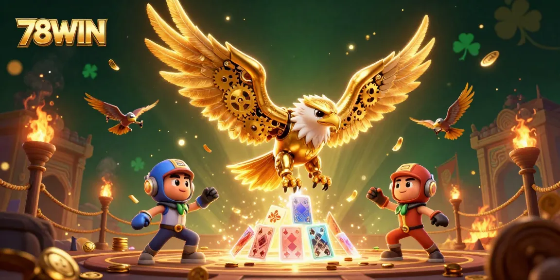 Engage in thrilling gameplay at 78WIN, featuring a vibrant 3D illustration of a golden eagle amidst casino elements.