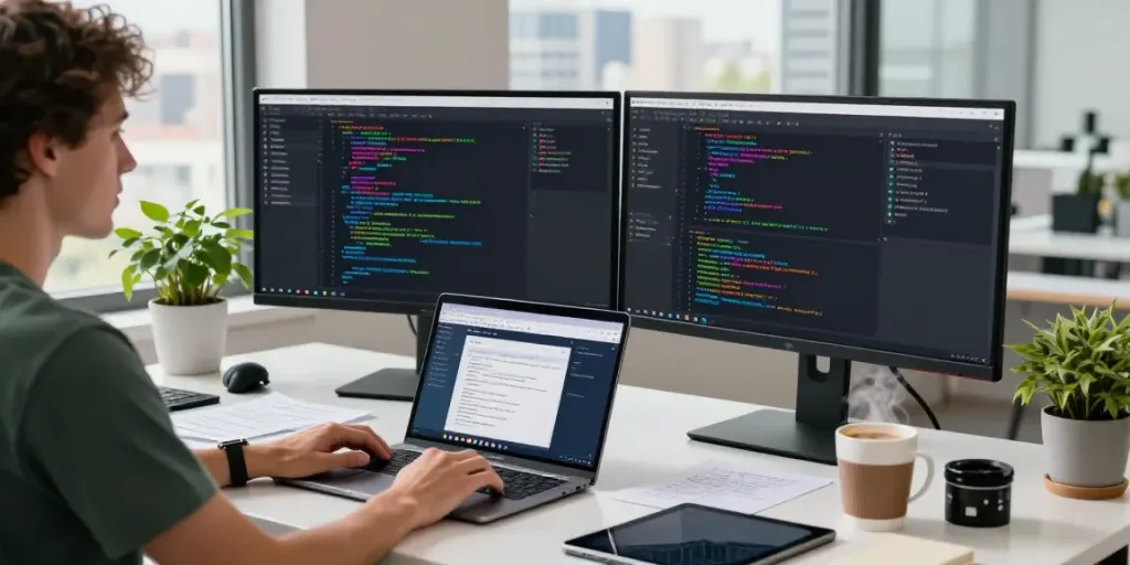 Professioneel web-development in een moderne werkruimte met coderende ontwikkelaar.