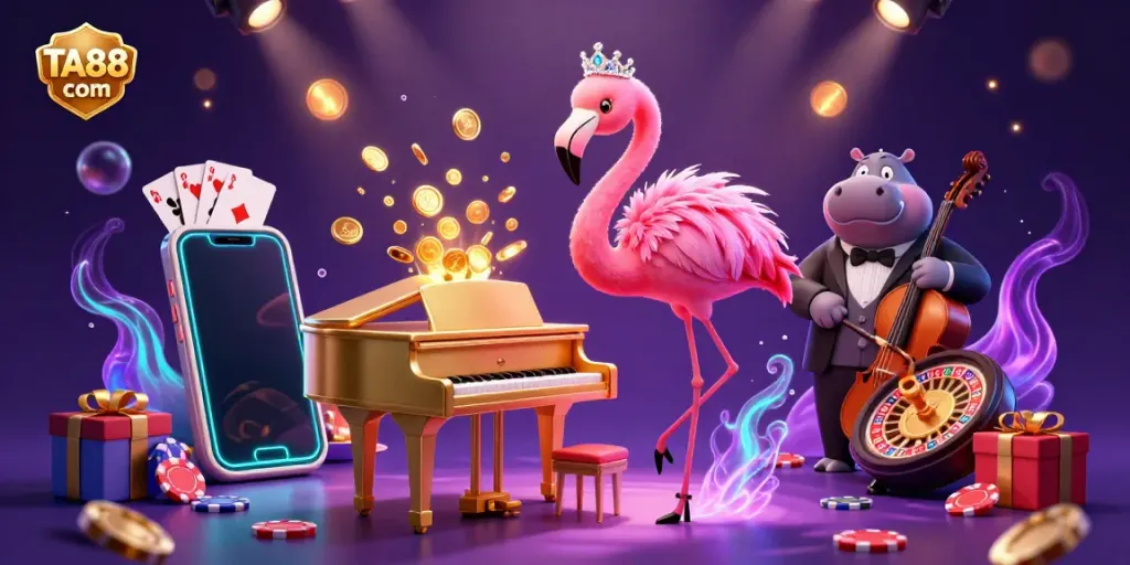 Engaging TA88 com casino scene with lively flamingo singer and hippo bassist showcasing interactive slots.