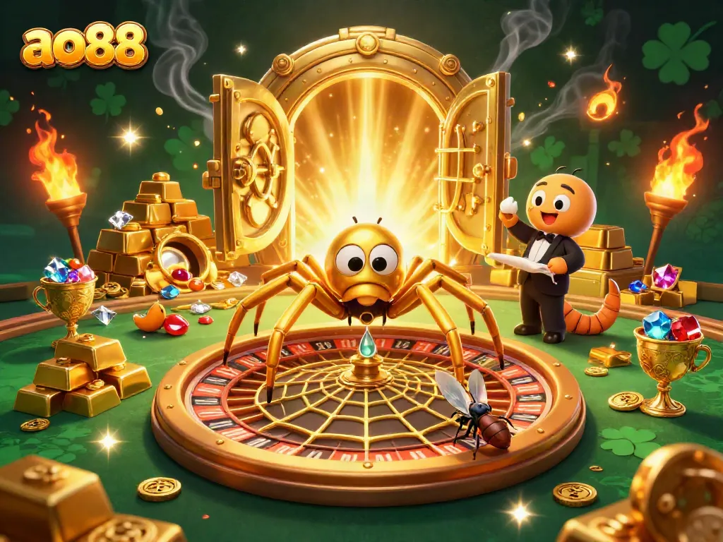 Experience the thrill of ao88 with a golden spider spinning excitement in the casino world.