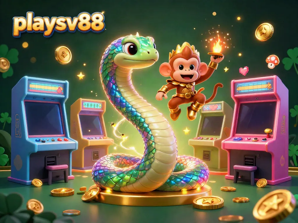 Engage with playsv88's vibrant gaming world featuring a colorful 3D casino scene.