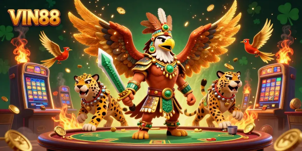 Experience thrilling wins at VIN88 with our vibrant casino adventure featuring warriors and golden treasures.
