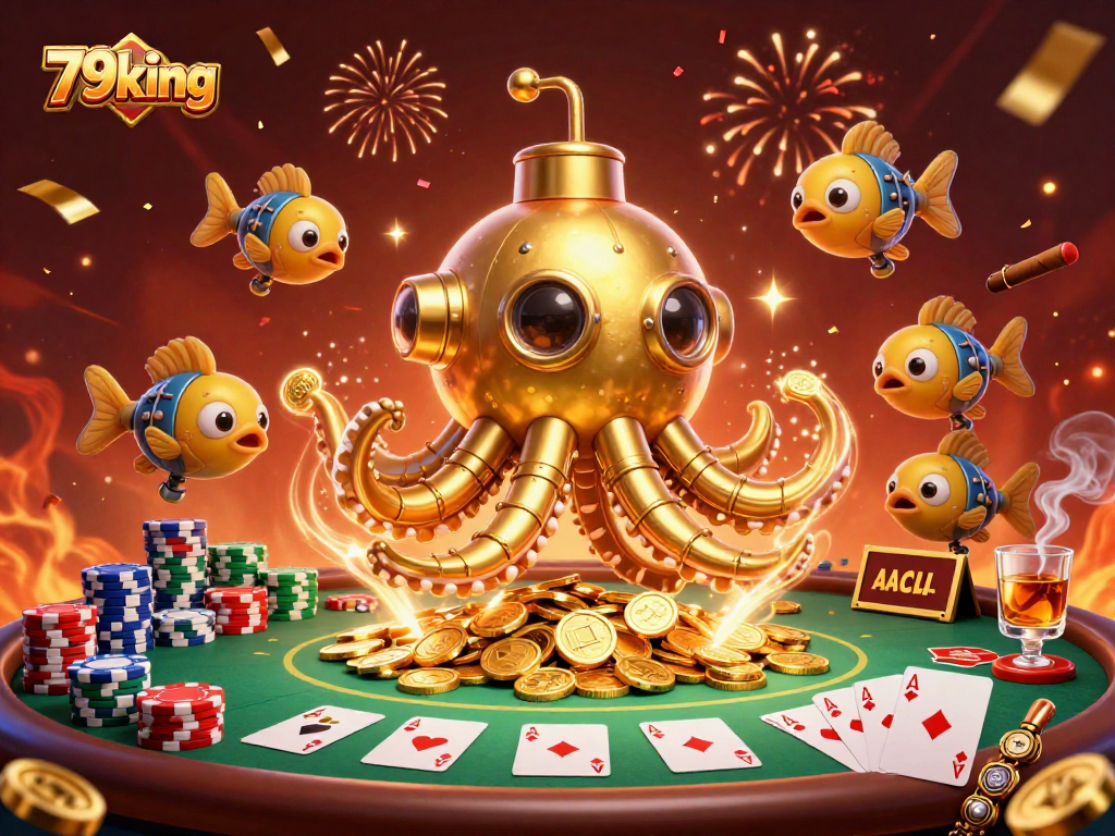79king showcases thrilling poker action with a golden kraken submarine amidst vibrant casino elements.