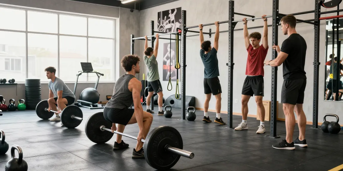 Prime Pharma Steroïden Winkel met sporters in een moderne gym, energieke trainingssessie met gewichtheffen en begeleiding.
