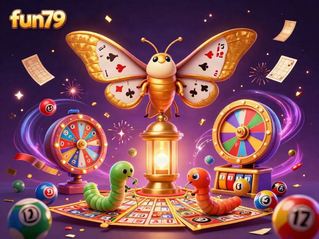 Experience the excitement of fun79 with a vibrant 3D illustration of a casino-themed scene filled with lottery elements.
