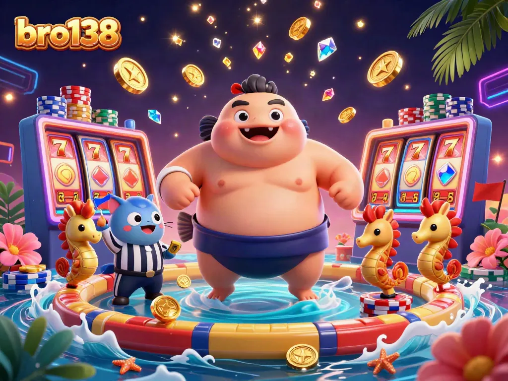 Play slots for big wins at bro138 while surrounded by colorful gaming elements and energetic spectators.