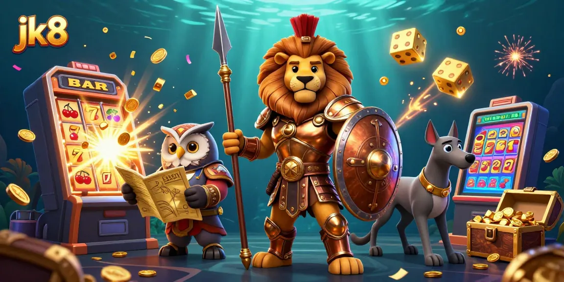 Experience thrilling gaming moments with jk8's vibrant 3D casino illustration showcasing epic characters and a jackpot explosion.