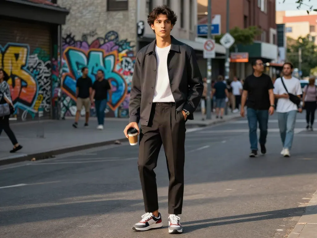 Moderne herenmode op stadsstraat met trendy outfit en graffiti op achtergrond