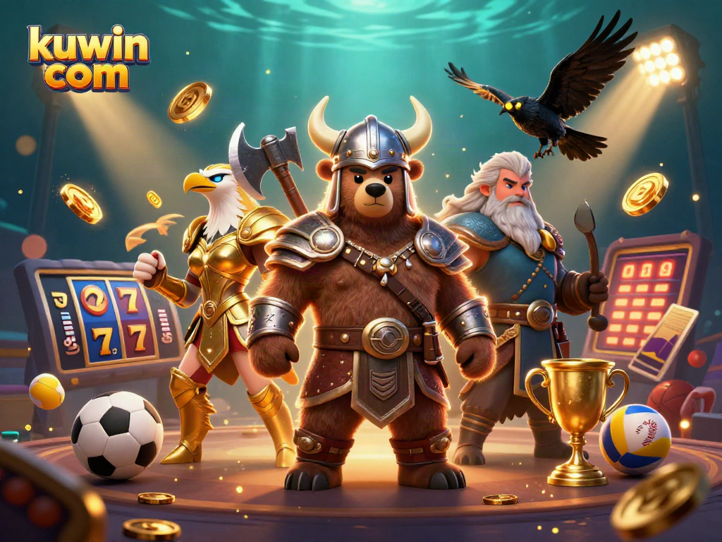 Engage with kuwin com casino games featuring a berserker bear and Valkyrie eagle amidst dynamic gaming elements.