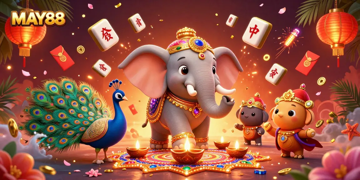 Engage in thrilling gameplay at MAY88 with a festive Diwali-themed casino scene featuring colorful elements.