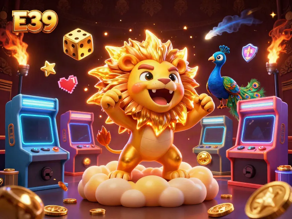 E39 casino triumph with a golden sun lion and vibrant gaming elements in a spectacular 3D illustration