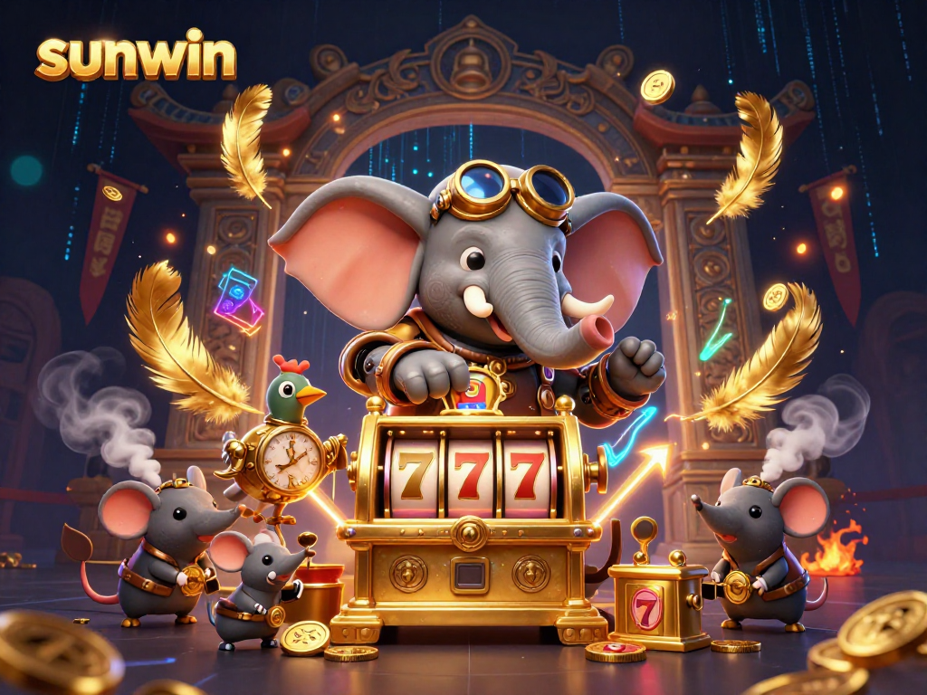 Win big with sunwin's golden slot machine, featuring steampunk characters and vibrant casino elements.