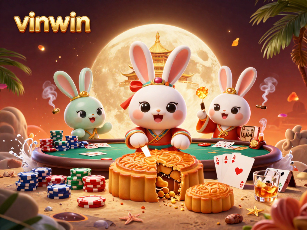 Experience the excitement of vinwin with a moon rabbit cracking open mooncakes revealing poker chips on a lunar landscape.