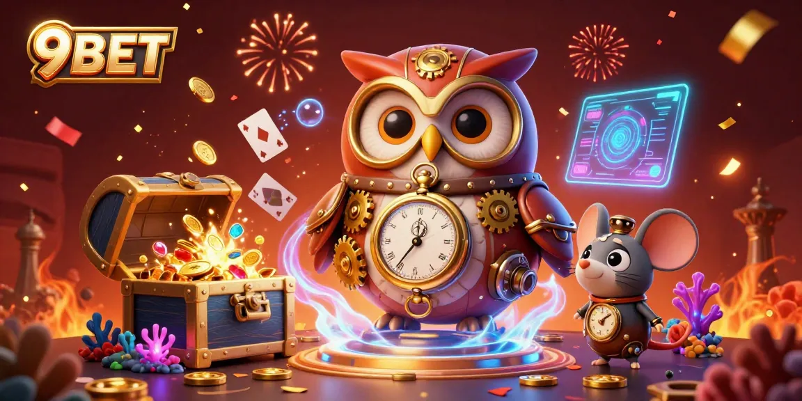 Engage in vibrant 9BET casino adventures with dynamic characters and gaming elements in an enchanting 3D world.