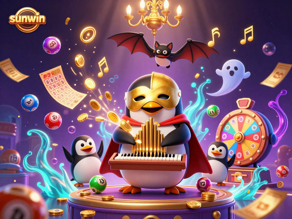 Experience the excitement of sunwin with a 3D cartoon penguin amidst golden coins and lottery balls.