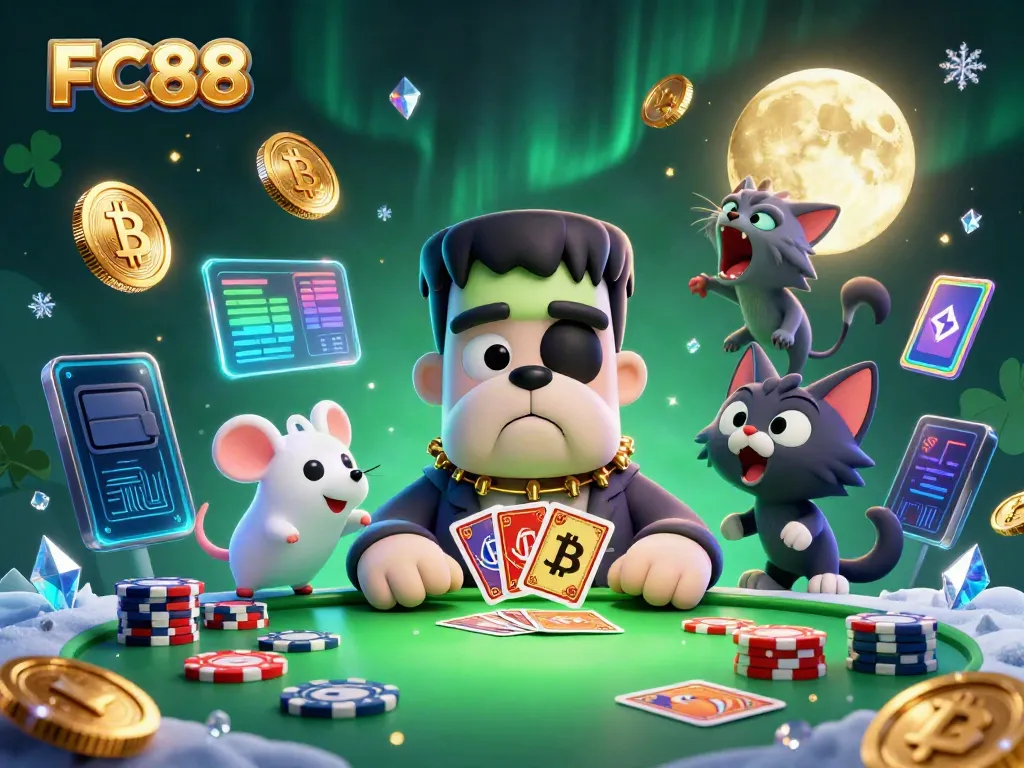 Experience thrilling card battles at FC88 with a lively Frankenstein bulldog and werewolf kitten in a ghostly casino