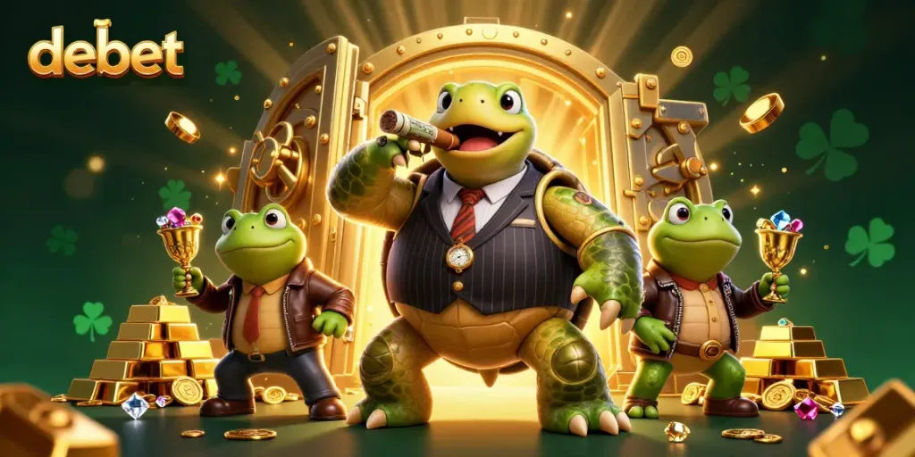Experience the excitement of debet with a vibrant 3D scene featuring a snapping turtle and bullfrog enforcers in a casino.