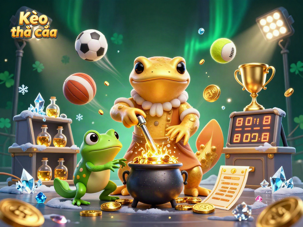 Kèo nhà cái showcases a magical scene with a golden salamander and sports elements in a mystical laboratory.