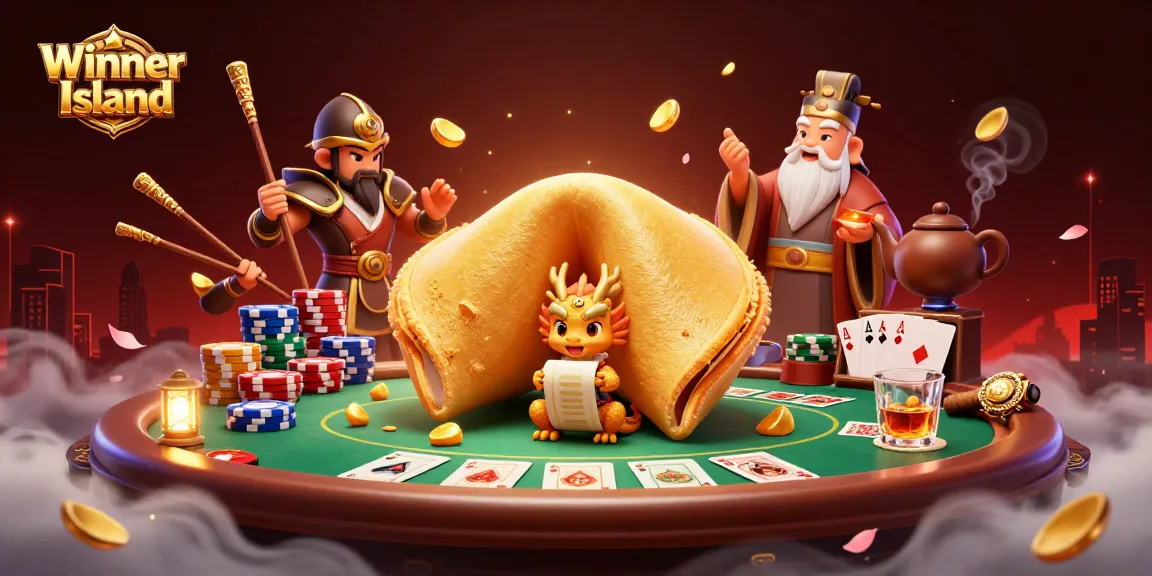 Winner Island casino illustration depicting gaming elements with a golden fortune cookie and dragon.