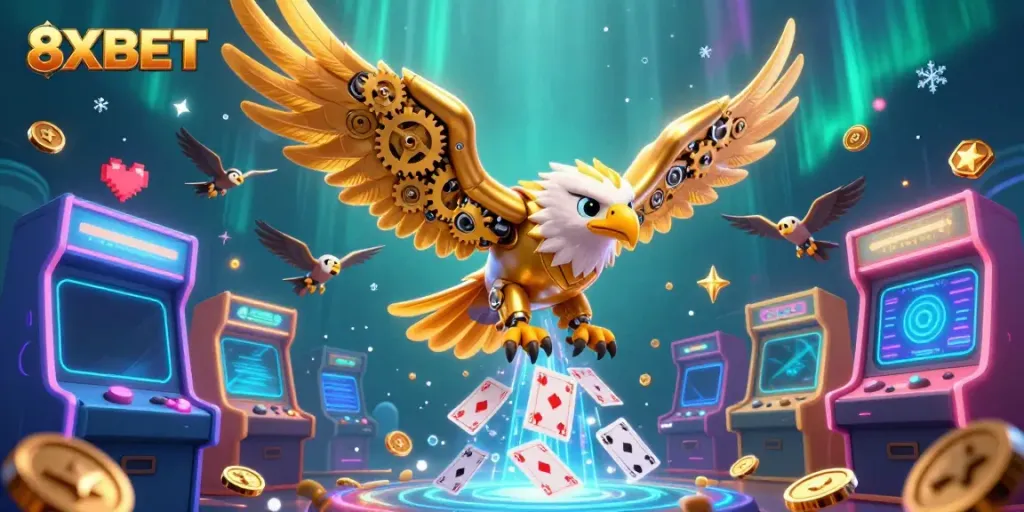 Experience thrilling gameplay with 8XBET's vibrant casino gaming scene featuring a cybernetic eagle.