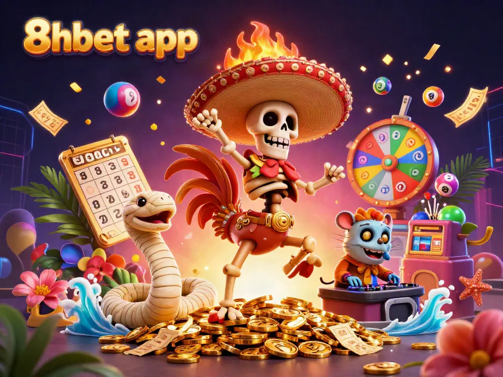 Experience the excitement of 8xbet app with this vibrant 3D illustration showcasing dynamic gambling elements.