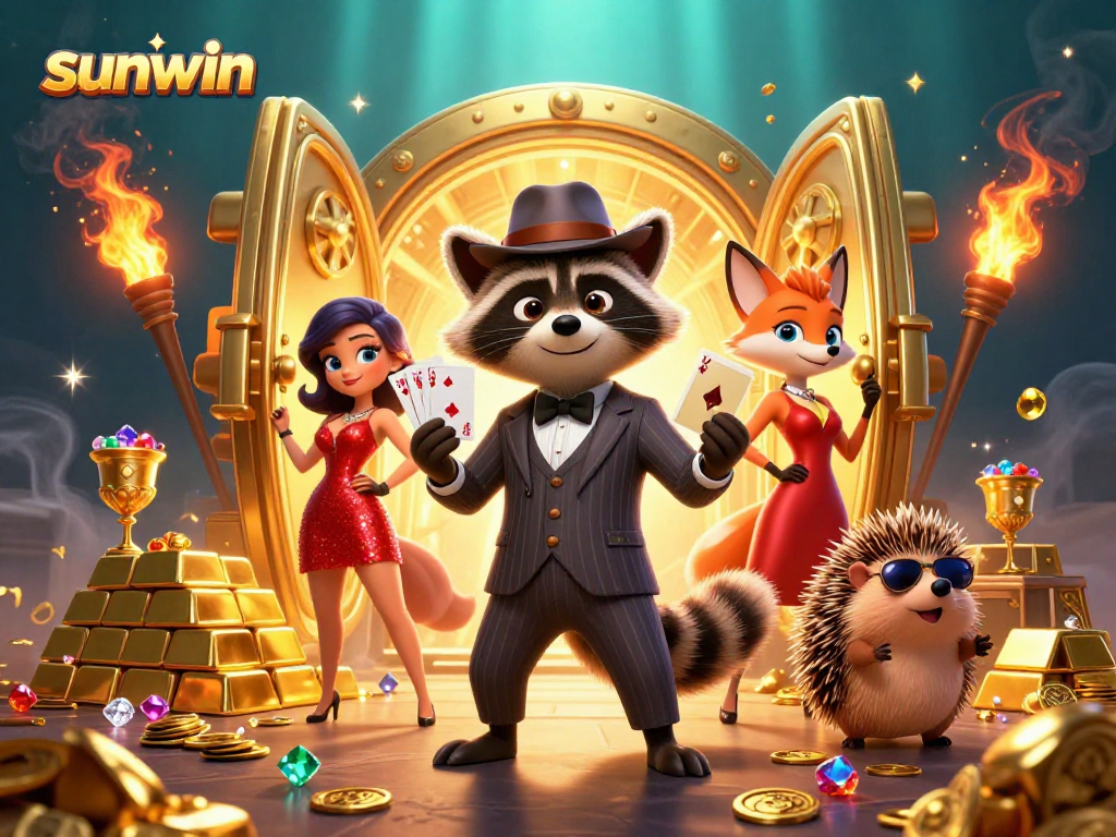 Experience the thrill of winning at sunwin casino with our raccoon, fox, and hedgehog in a vibrant scene.