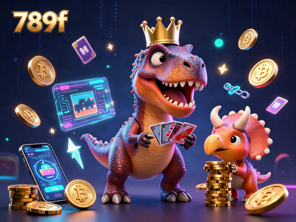 Play and win with 789f at this vibrant cartoon casino scene featuring T-Rex and friends.