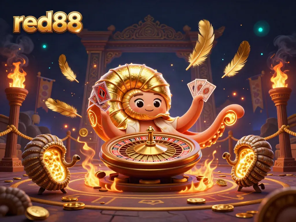 Join the action at red88 with a vibrant 3D casino scene featuring a nautilus roulette wheel and glowing ammonite companions.