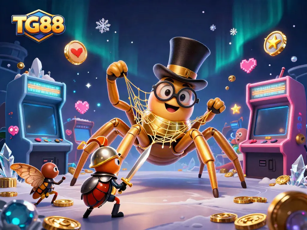 Engage with TG88’s vibrant gaming world featuring a golden tarantula weaving a web in a casino.