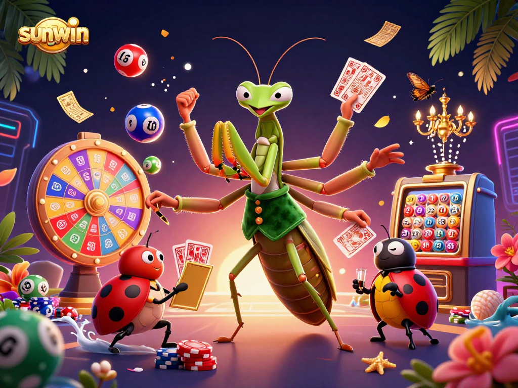 Spin and win with sunwin as the praying mantis dealer and ladybug pit boss bring excitement to the casino floor.