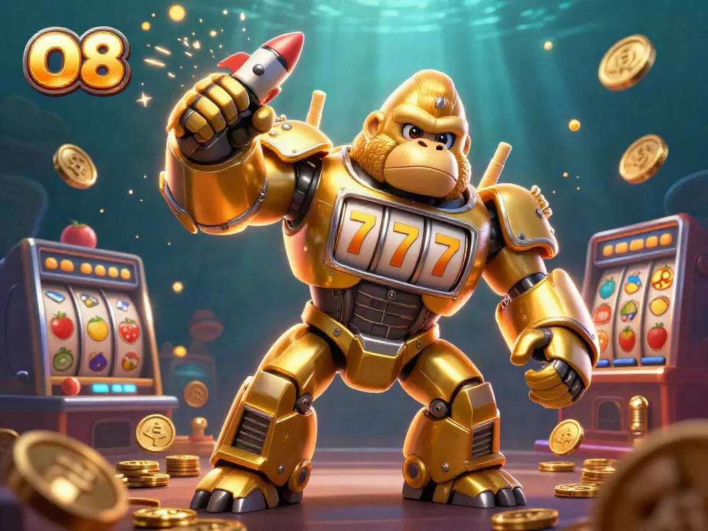O8's golden mech gorilla showcases thrilling slot elements with dramatic coins and jackpots.