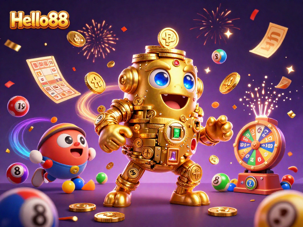 Join the excitement with Hello88 as lottery balls bounce around a golden golem amidst a festive celebration.