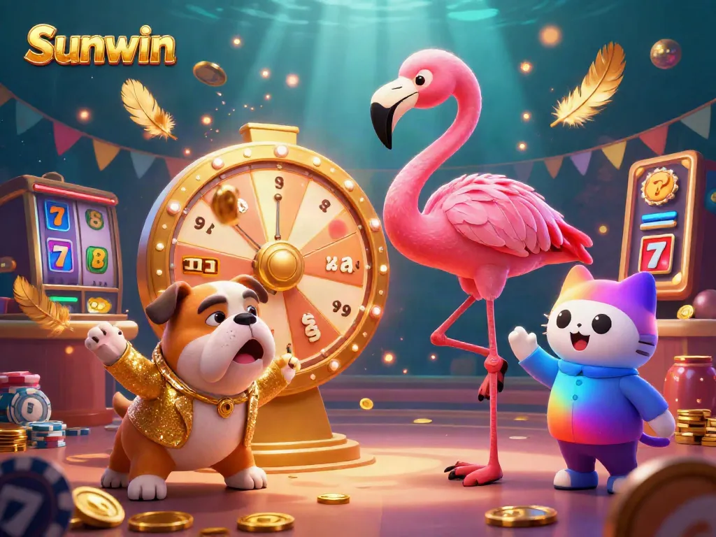 Exciting Sunwin game show scene with flamingo host, bulldog contestant, and casino elements.
