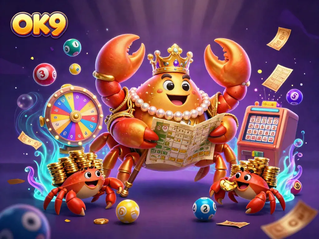 Engage with OK9's exciting treasures, featuring a royal crab emperor and vibrant gaming elements.
