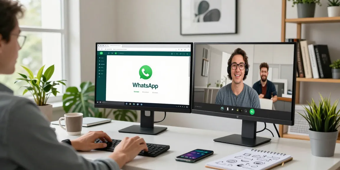 User working on WhatsApp電腦版 in a bright home office with dual monitors and cozy decor.