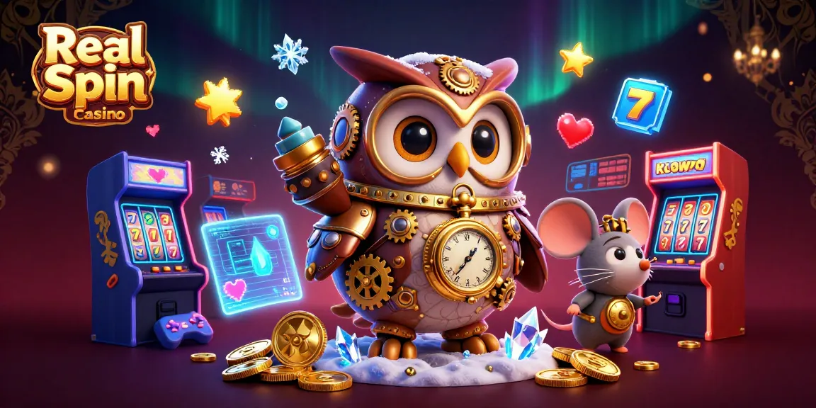 Verken de spannende wereld van Real Spin Casino met deze 3D-illustratie vol gokkasten en casino elementen.