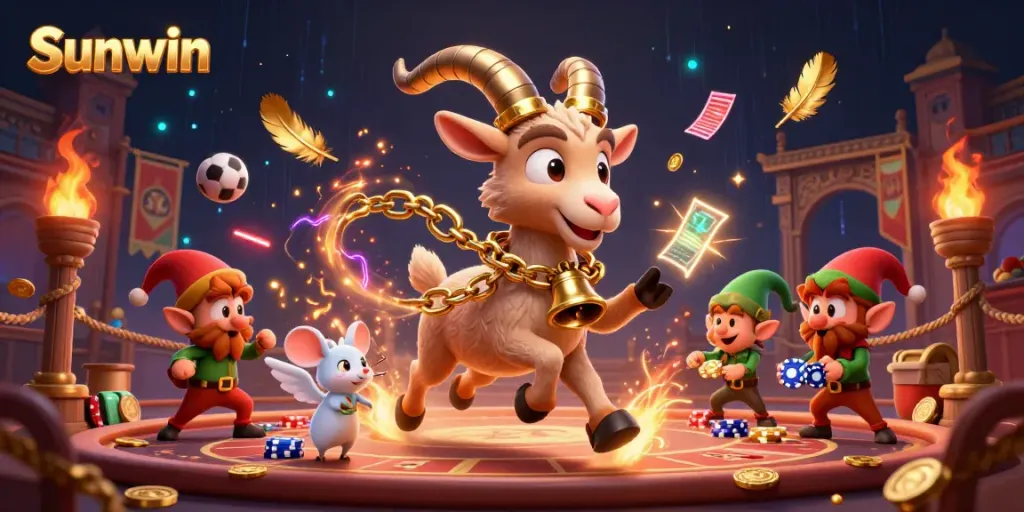 Sunwin Casino features a festive Krampus goat and chaotic elf gremlins stealing poker chips in a vibrant casino scene.