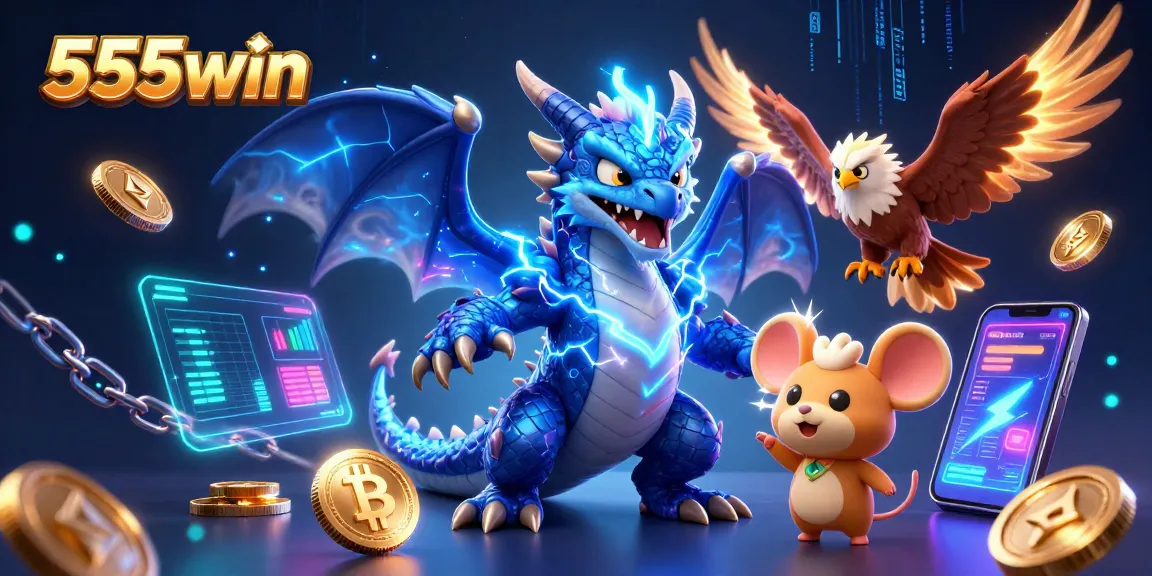 Engage with exciting games at 555win platform featuring vibrant characters, crypto coins, and dynamic gaming elements.