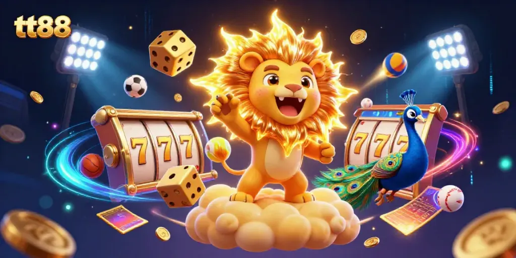 Experience the excitement of tt88 with a vibrant 3D illustration of dynamic casino elements.