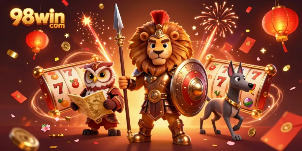 Engage in thrilling gameplay at 98win com with a vibrant casino scene featuring a Spartan lion, owl strategist, and greyhound messenger.