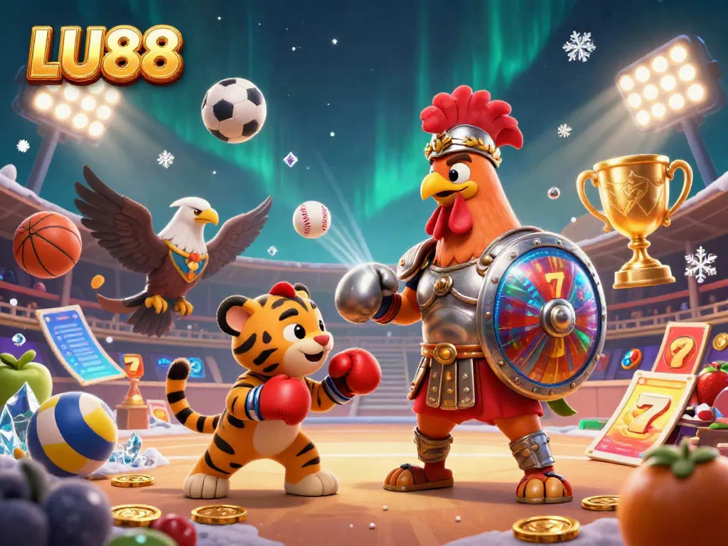 Experience the thrill of LU88 casino games with this vibrant illustration of a gladiator rooster amidst rich gaming elements.