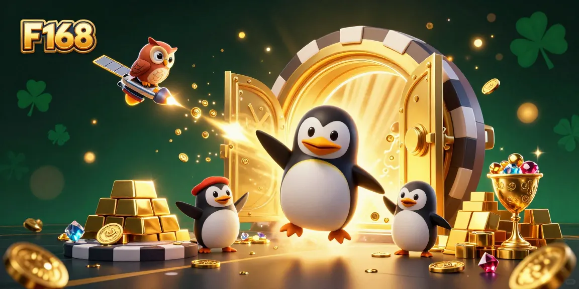 Join the excitement at F 168 with a dynamic 3D scene of a golden penguin racing to a casino.