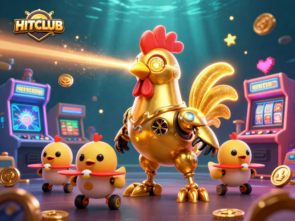 Engage in the HITCLUB excitement with a golden rooster robot leading a dynamic gambling adventure.