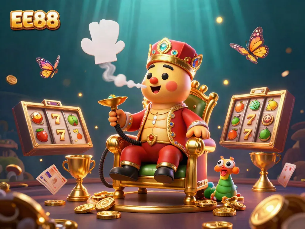Join the luck at EE88: A vibrant 3D casino scene with a caterpillar sultan and slot reels.