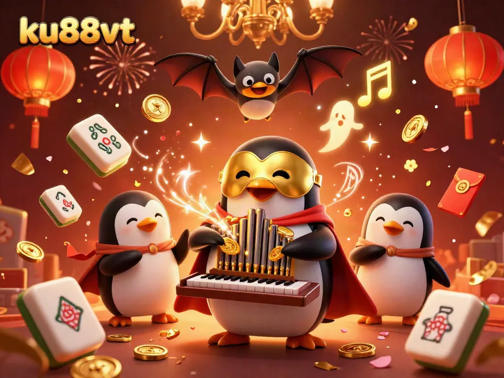 Experience thrilling jackpot action at ku88vt with a vibrant casino illustration of a penguin organist and festive elements.
