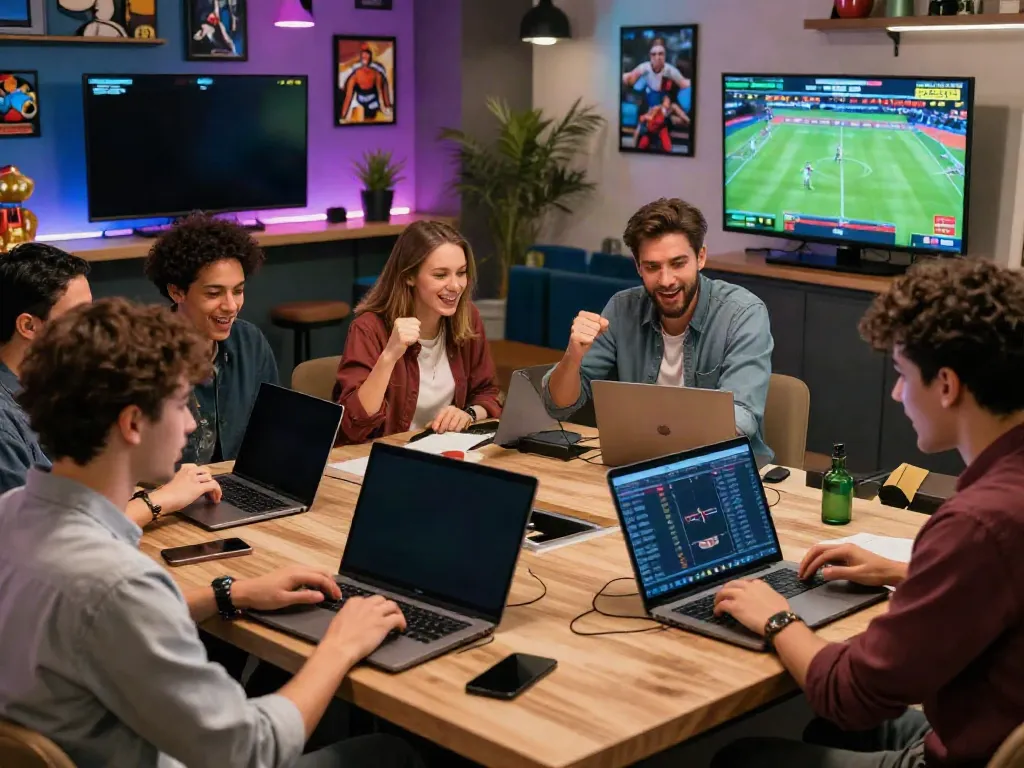 Enthusiastic players enjoying online betting at https://red88.limited/ in a modern lounge atmosphere.