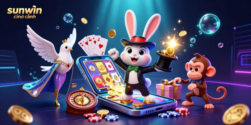 Experience sunwin chính hãng with magical casino fun featuring a 3D rabbit pulling golden coins.