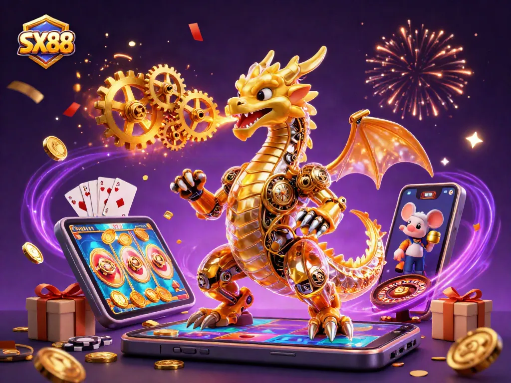 SX88 showcases a golden dragon breathing gears amidst dynamic casino elements, enticing gamblers.