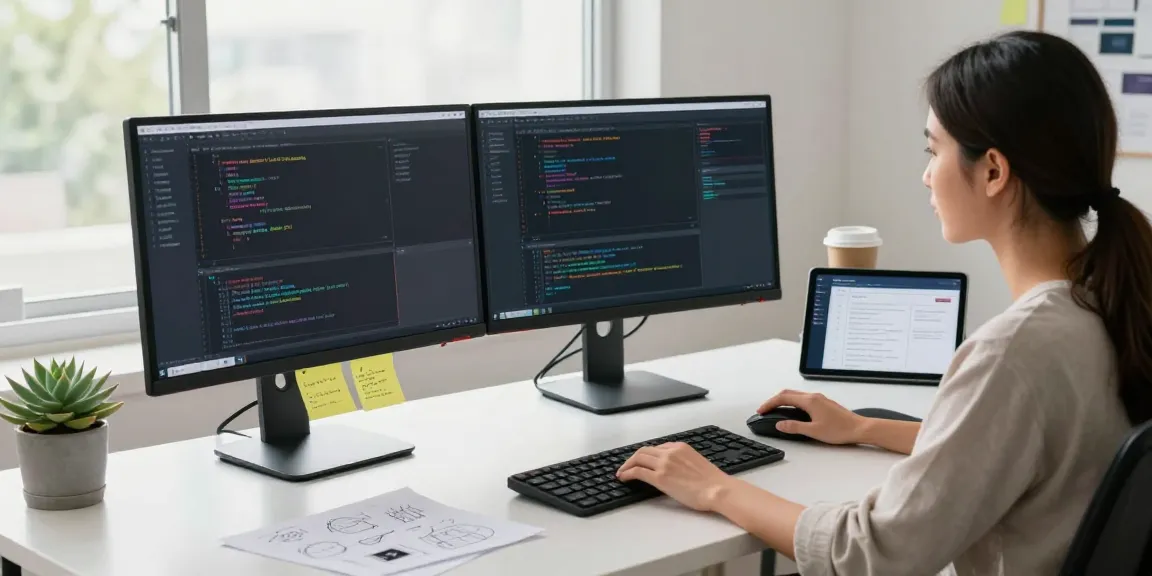 Developer optimizing software on dual monitors in a modern workspace, showcasing sc88 project details.